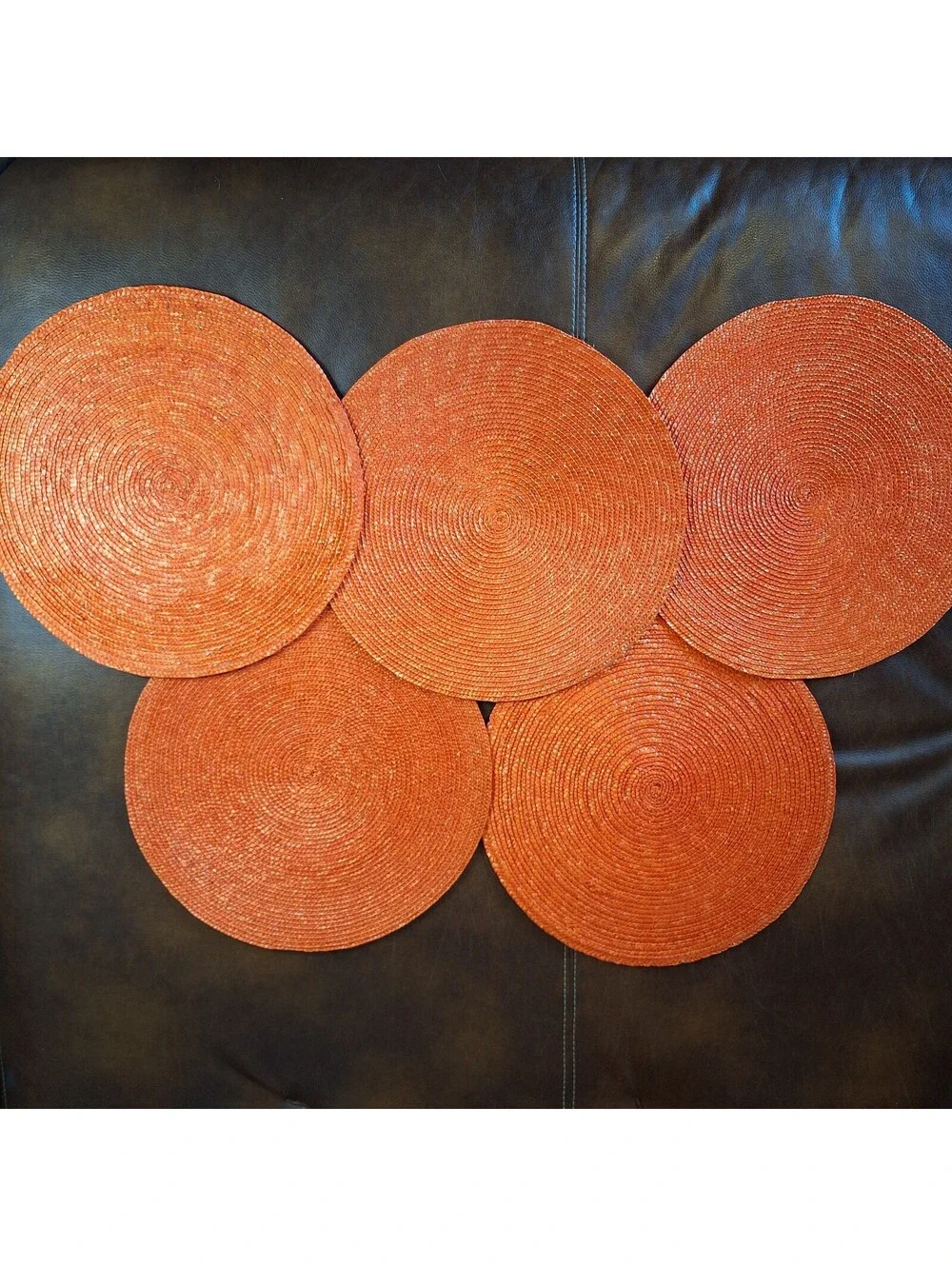 Woven Vintage Round Orange Straw Placemats 15 Inches Diameter - Set Of 5